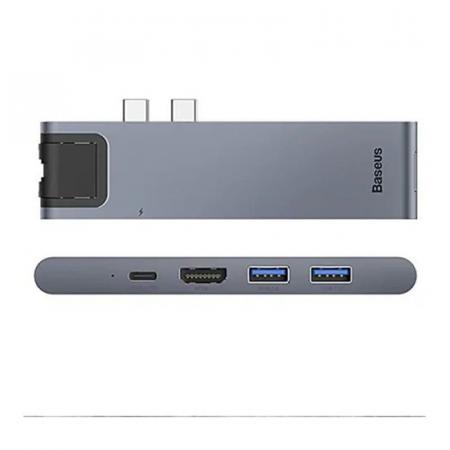 Переходник Baseus для MacBook HUB TB3 C+ (Dual Type-C to USB3.0/HDMI/Type-C/SD/Micro/LAN) (CAHUB-L0G) Deep Grey, темно-серый